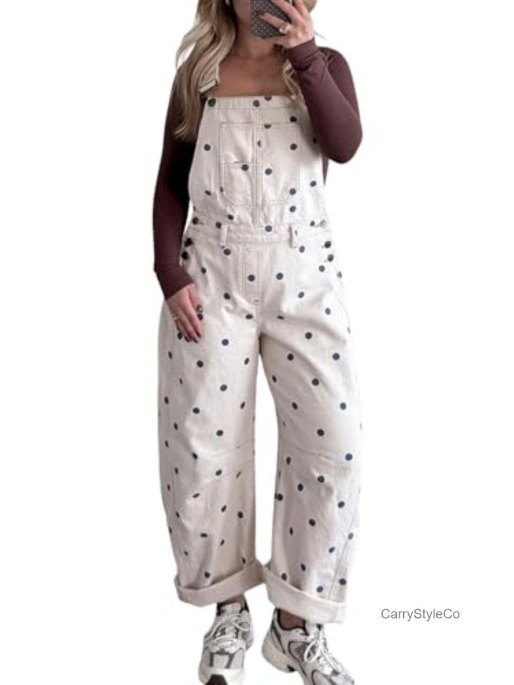 Y2K Polka Dot Denim Bib Overalls Wide Leg Barrel Jeans Jumpsuit